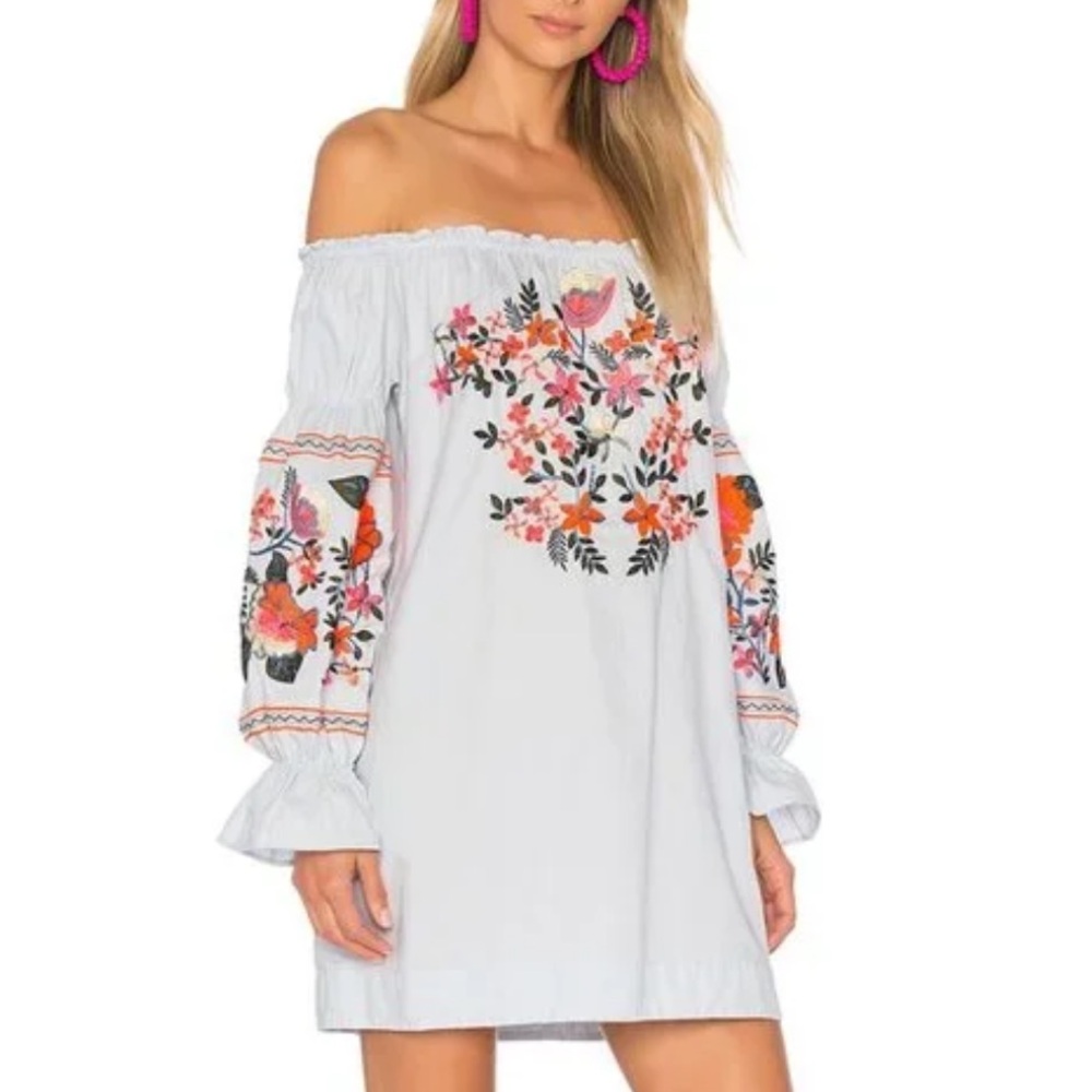 Free People Fleur Du Jour Blue Floral Embroidered Off Shoulder Shift Dress XS
